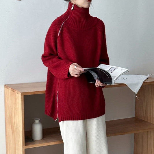 NIVANOO | Pull Col Roulé Zippé Ample en Maille